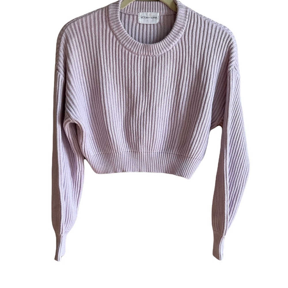 Victoria + Sophia Cropped Sweater Womens Lilac Ribbed Long Sleeve Pullover M/L